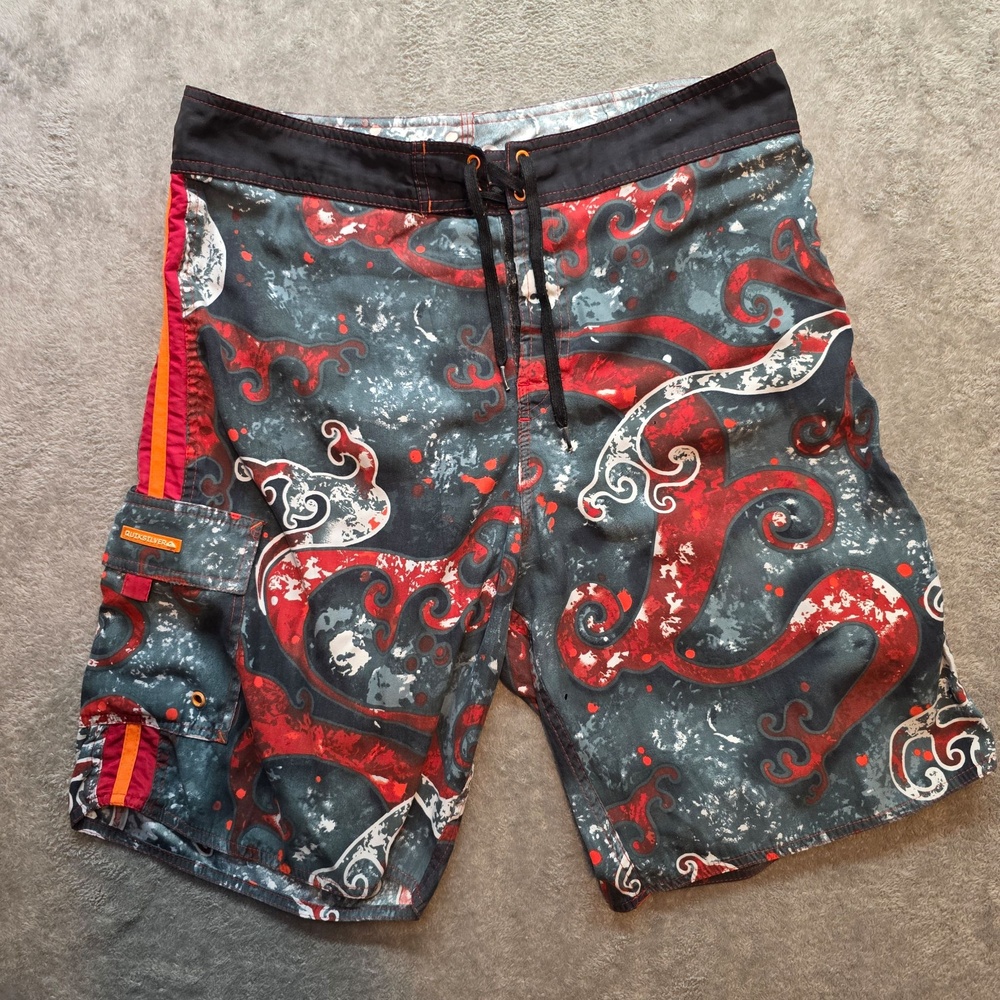 Quiksilver Board Shorts Mens 36 Red Paisley Surf Swim Trunks Cargo Pocket Y2K